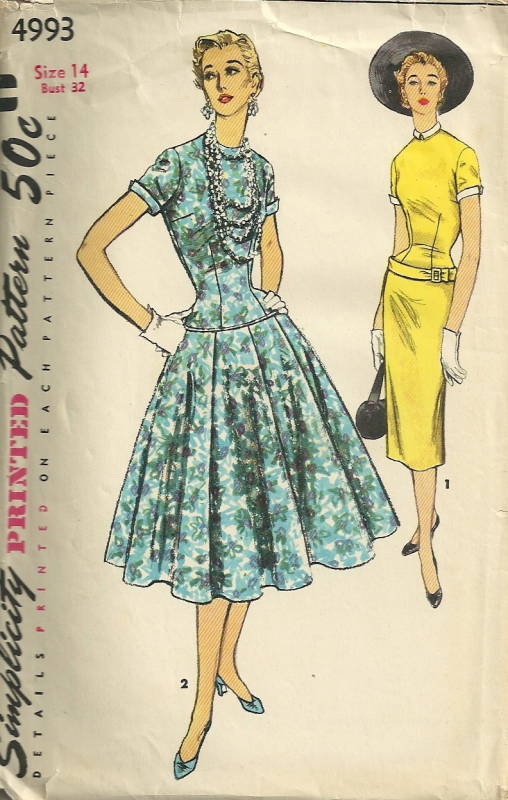 Simplicity 4993 1950s Drop Waist Dress Pattern Full or Slim Skirt Size ...