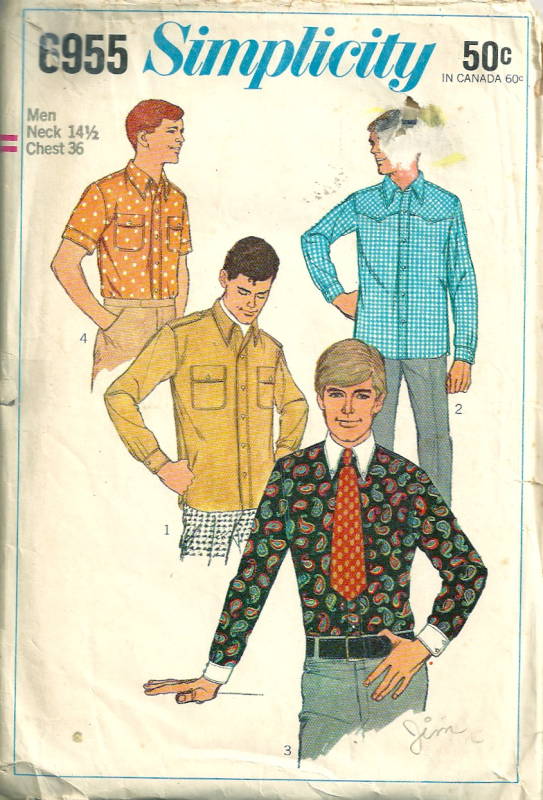 Simplicity 6955 1960s Mens Mod Western and Dress Shirt Pattern Chest 36 ...