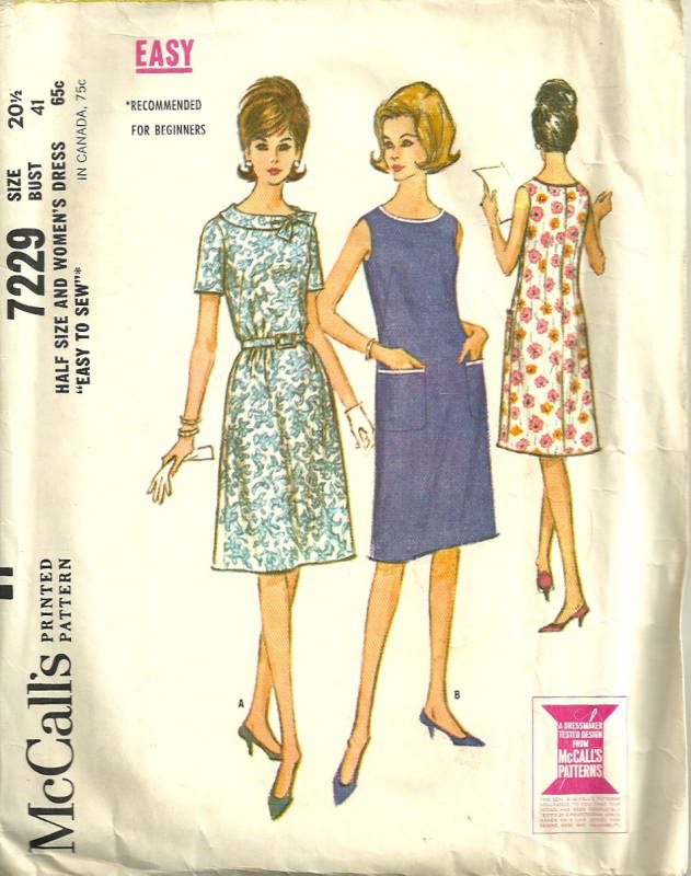 McCalls 7229 1960s Easy Shift Dress Pattern Size 20 1/2 Bust 41 Womens ...