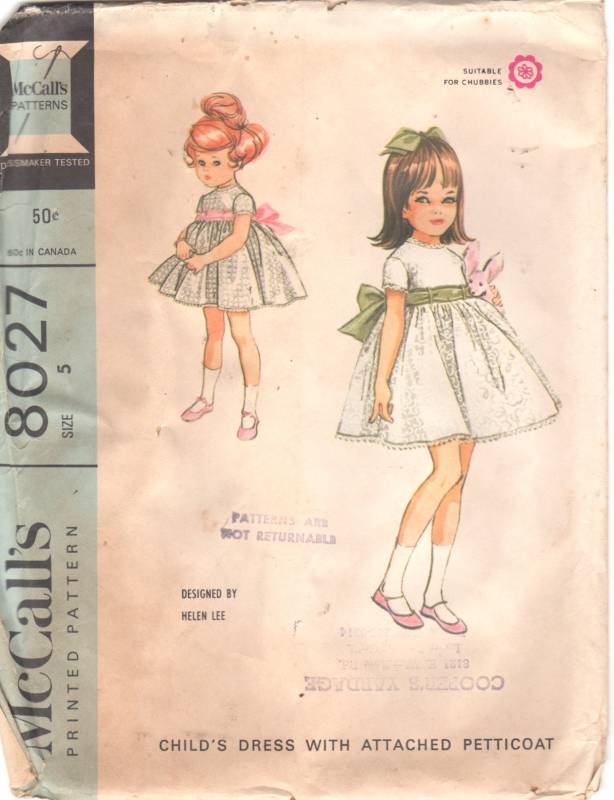 McCalls 8027 1960s Girls Dress with Attached Petticoat Pattern by Helen ...