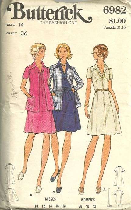 Butterick 6982 70s A Line Dress and Cardigan Jacket Pattern Front Zip ...