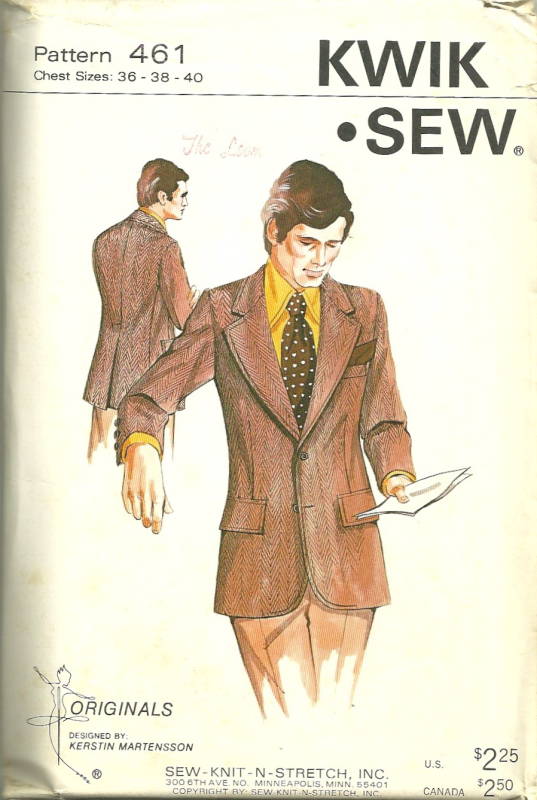 Kwik Sew 461 Vintage 70s Mens Sport, Mens Vintage Peacoat Pattern