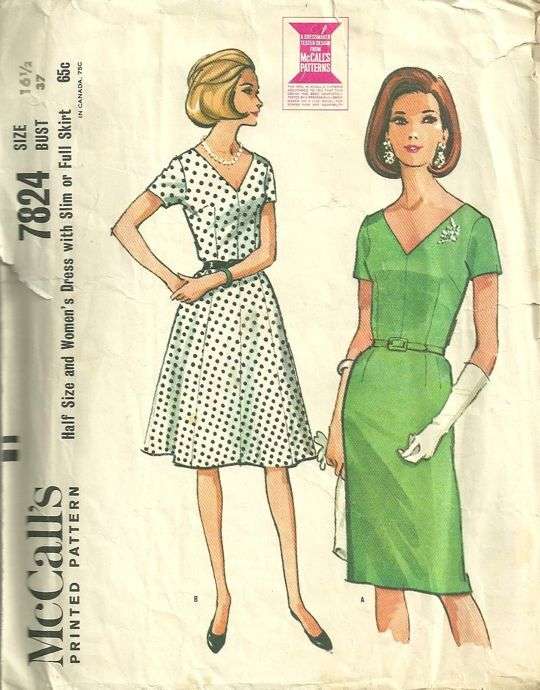 McCalls 7824 Vintage 60s V Neck Dress with Slim or Full Skirt Pattern ...