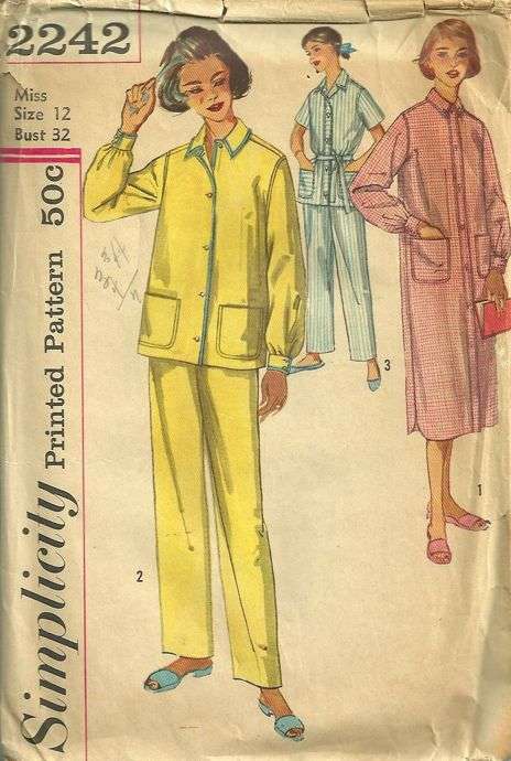 Simplicity 2242 1950s Pajamas and Nightshirt Pattern Womens Vintage Sewing  Pattern Size 12 Bust 32