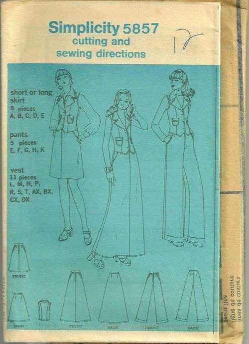 Vintage 70s Simplicity 5867 Vest Pants and Skirt Pattern 2 Lengths Size ...