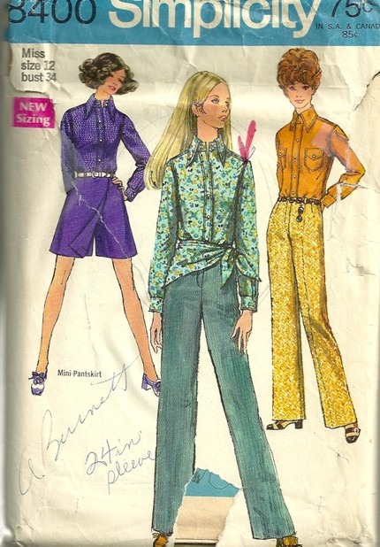 Simplicity 8400 1960s Misses Scarf Mini Pantskirt Shirt and Hip Huggers  Pants Pattern Size 12 Bust 34 Womens Vintage Sewing Pattern - Pattern Gate