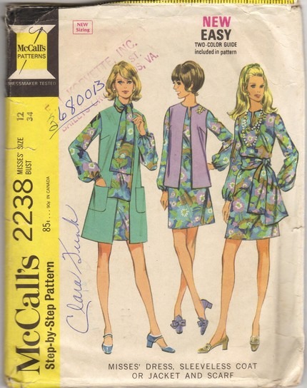 McCalls 2238 Misses 60s Dress and Sleeveless Coat Jacket Scarf Pattern  1960s Womens Vintage Sewing Pattern Size 12 Bust 34